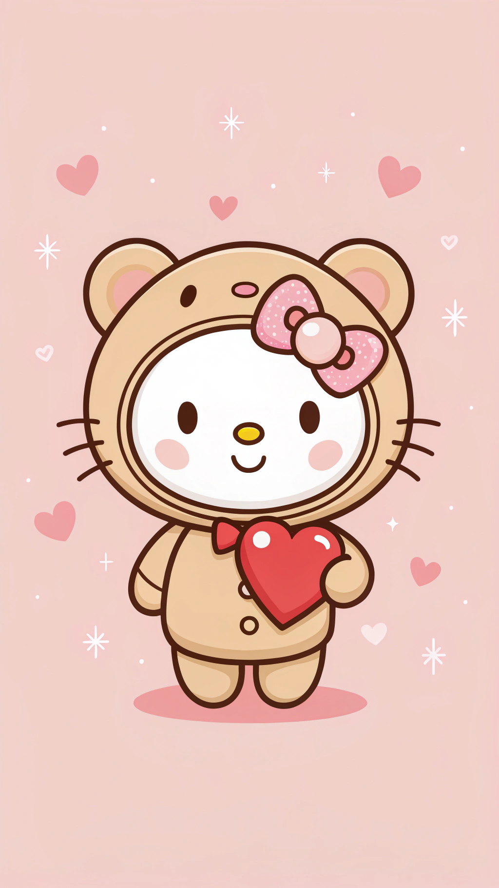 Hello Kitty 的心會融化你 壁紙 — 一個可愛的卡通角色穿著棕色熊服裝，在柔和的粉紅色背景上拿著一顆紅心，背景有漂浮的心形和星星。