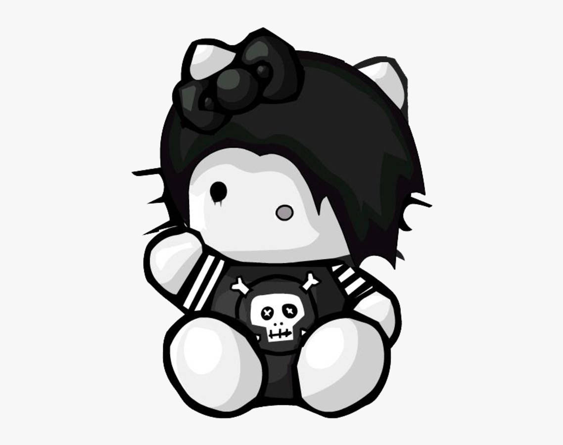 Hello Kitty emo風格頭像 壁紙 — 一個黑色尖刺頭髮、身穿骷髏圖案T恤的Q版Hello Kitty，以單色龐克美學坐著。