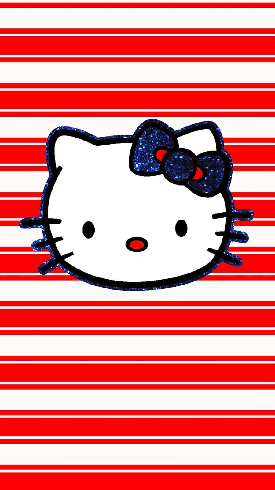  壁紙 — Hello Kitty 臉部，中央帶有閃亮藍色蝴蝶結，置於大膽的紅白橫條紋上。