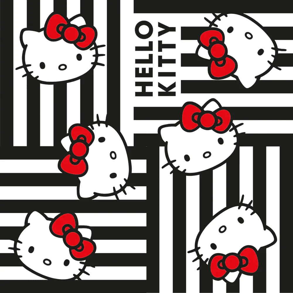  壁紙 — Hello Kitty 臉孔配紅色蝴蝶結重複出現在大膽的黑白條紋壁紙上。