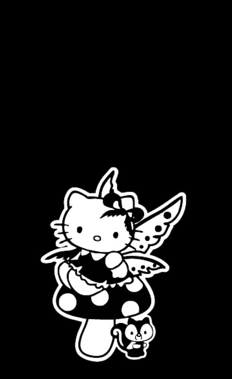  壁紙 — 一幅黑白線條畫，Hello Kitty 化身為帶翅膀的精靈，棲息在斑點蘑菇上，旁邊有一隻小貓。
