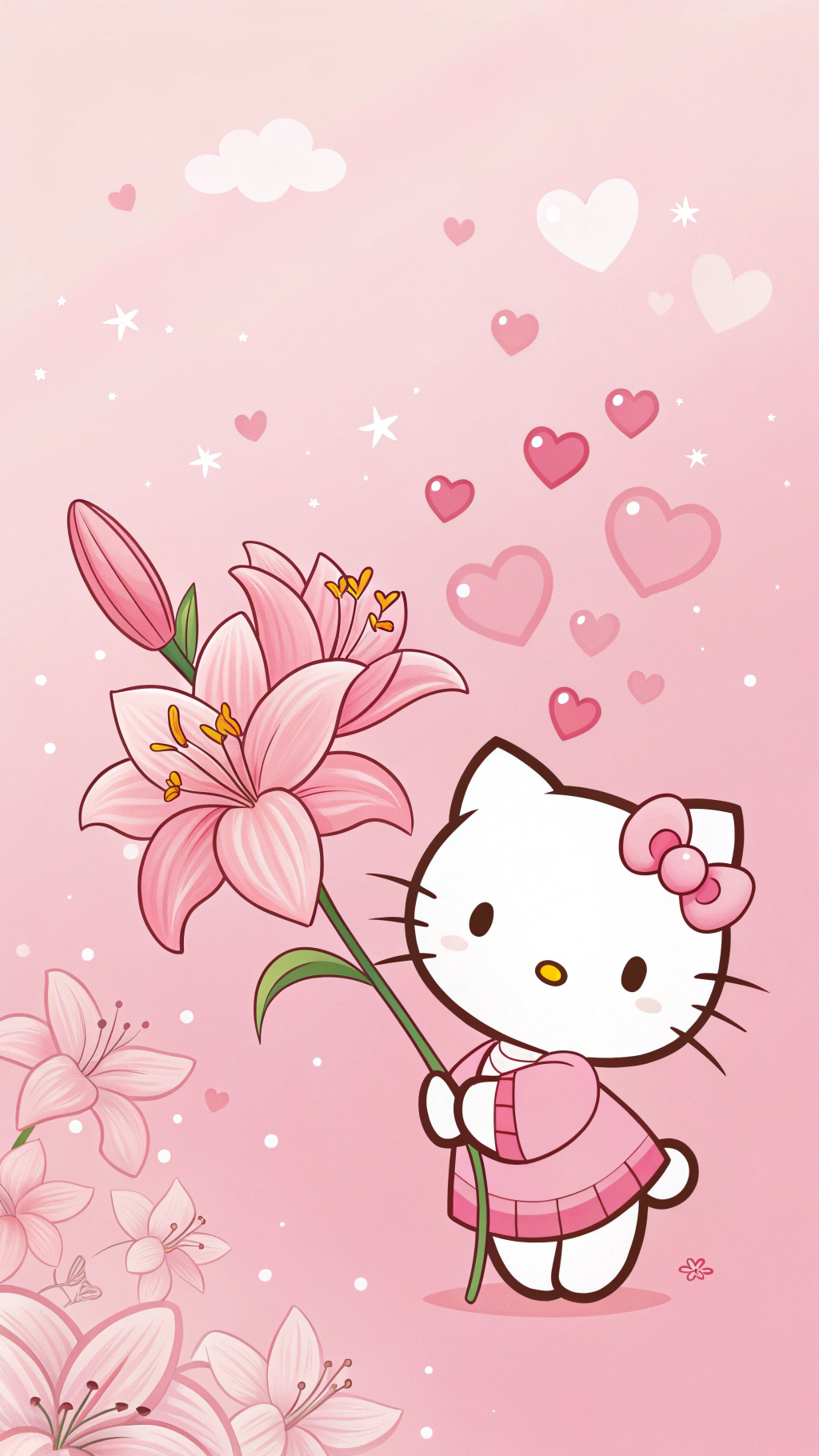 Hello Kitty 的禮物將融化你的心 壁紙 — Hello Kitty 身穿粉紅色毛衣，在帶有漂浮心形和星星的柔和粉紅色背景前，手持一朵大粉紅色百合花。
