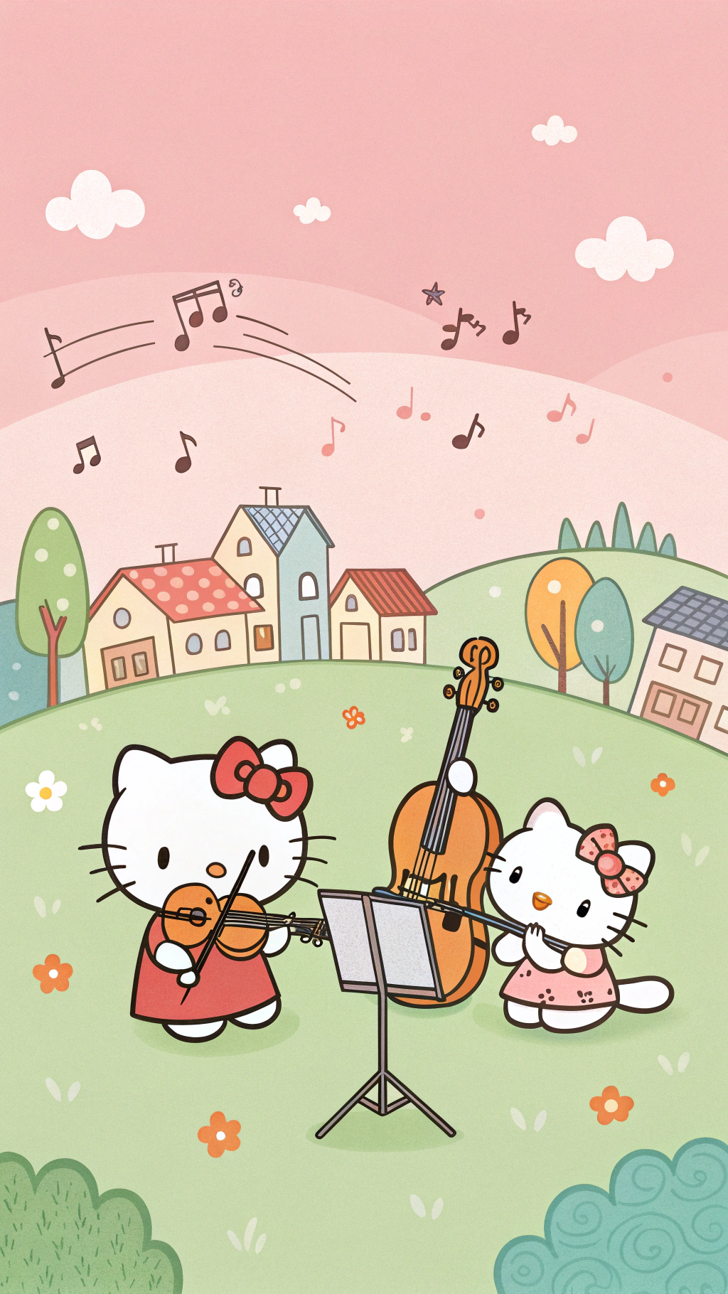 Hello Kitty的音樂天賦令人驚嘆 壁紙 — 兩個Hello Kitty角色在一個帶有漂浮音符和彩色房屋的粉彩風景中演奏小提琴和大提琴。