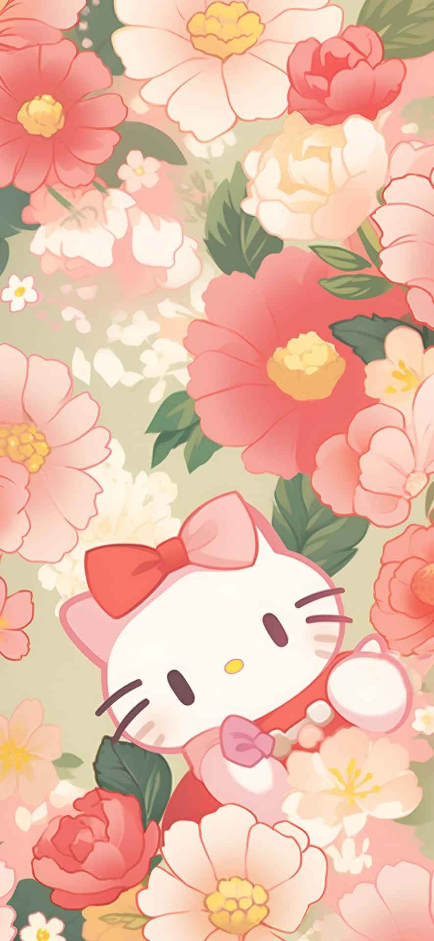 壁紙 — Hello Kitty 喺一個充滿粉紅色蜜桃色同白色花朵、綠色葉片嘅花園中探出頭嚟。