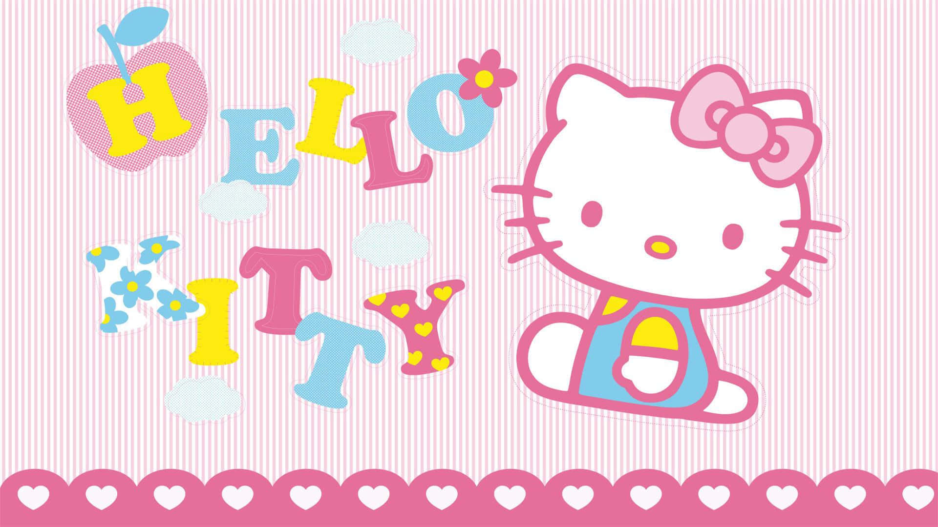 Sanrio Christmas 桌布 壁紙 — Hello Kitty 喺有愛心邊框嘅粉紅色條紋背景上，開心地坐喺色彩繽紛嘅字母旁邊。