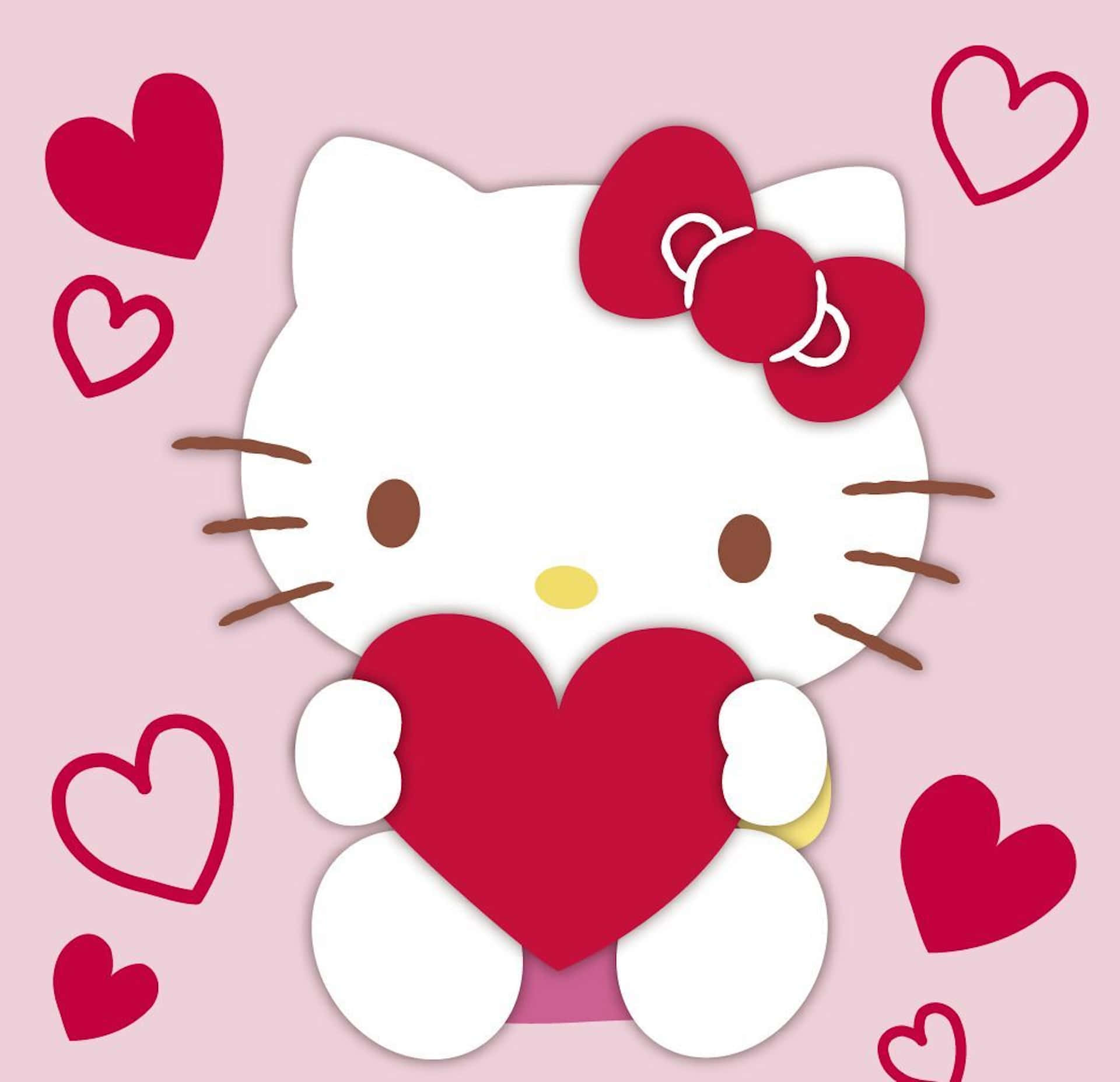Hello Kitty 手持一個紅色心形，周圍有漂浮嘅心形。 — 粉紅色心形動圖 壁紙