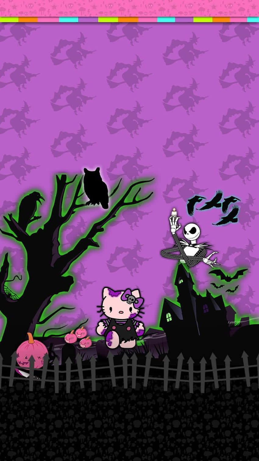  壁紙 — Hello Kitty 穿著萬聖節服裝站在一棵陰森的樹旁，Jack Skellington 在紫色天空下的鬼屋中揮手。