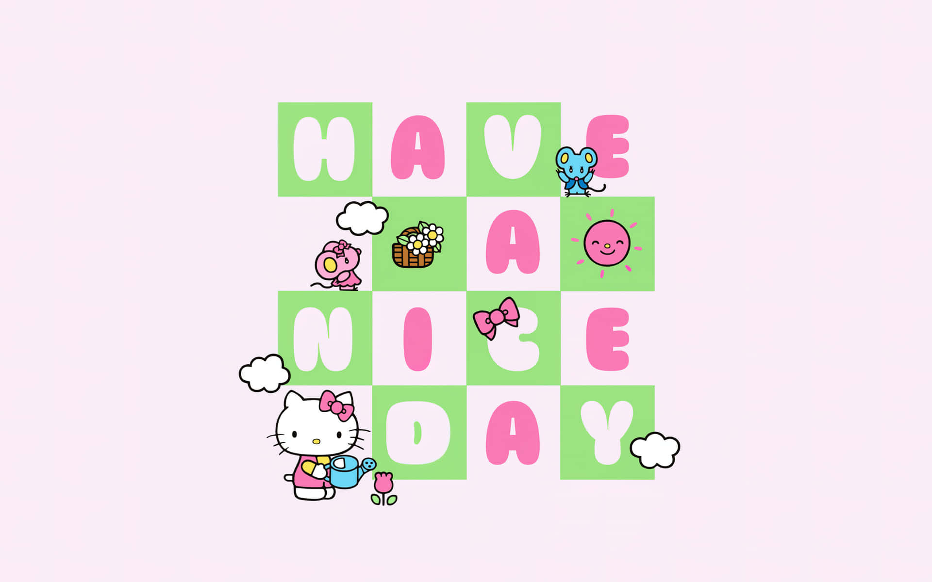  壁紙 — Hello Kitty 和朋友們愉快地用花朵和雲朵佈置出粉彩格仔 'HAVE A NICE DAY' 訊息。