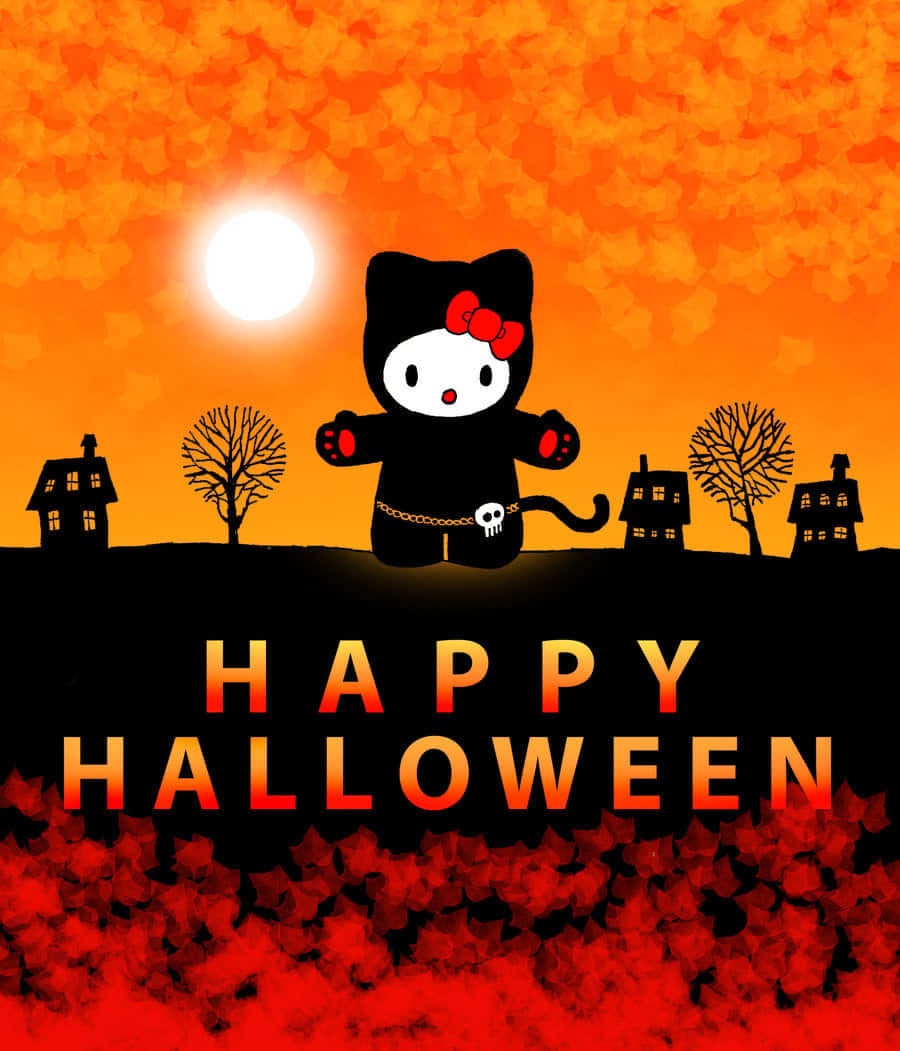  壁紙 — Hello Kitty 穿著黑色貓咪服裝，站在火紅橙色日落、鬼屋和發光文字前。