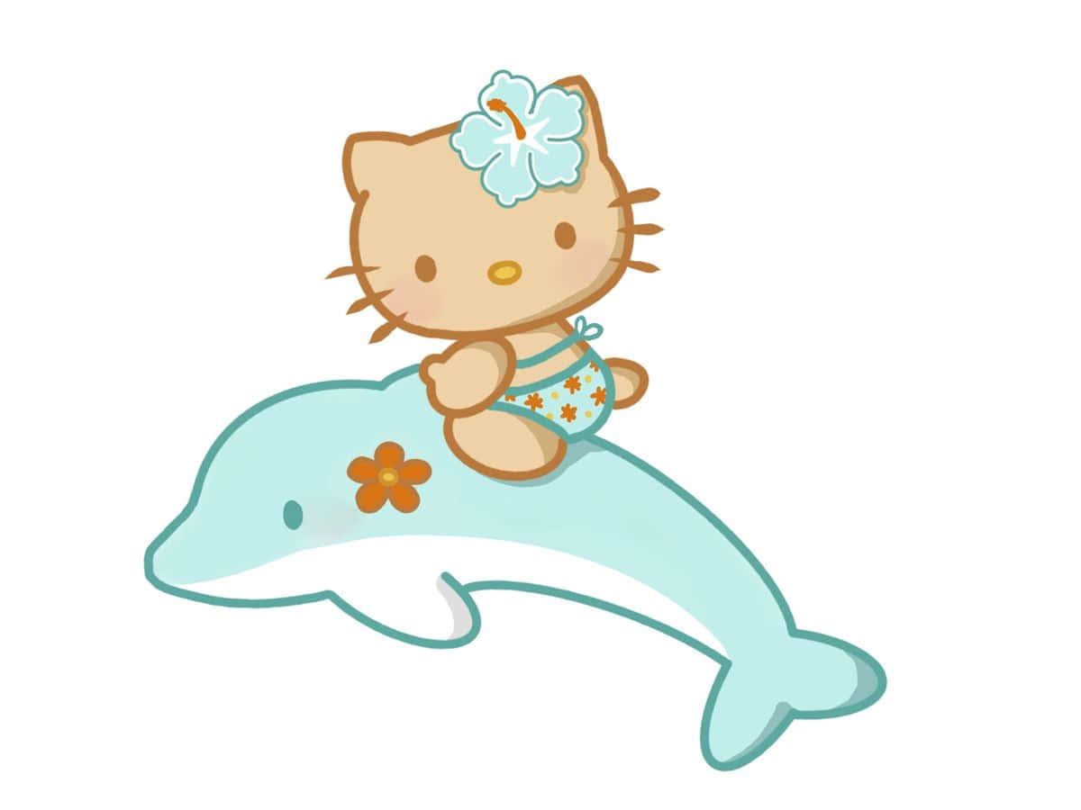 Hello Kitty 騎著海豚，身穿花卉泳衣和花朵頭帶。 — 邁阿密海豚 GIF 壁紙