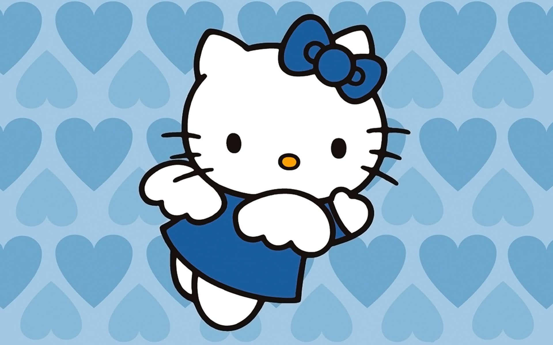 Sanrio Christmas 桌布 壁紙 — Hello Kitty 身穿藍色連衣裙和蝴蝶結，在藍色心形圖案背景前快樂地漂浮。