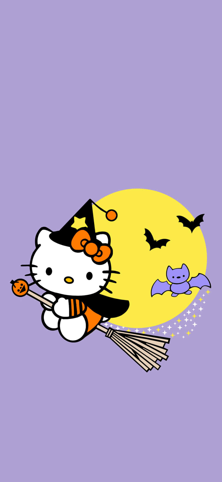  壁紙 — Hello Kitty 穿著女巫服裝，在紫色天空、黃色月亮和蝙蝠的背景下騎著掃帚飛行。