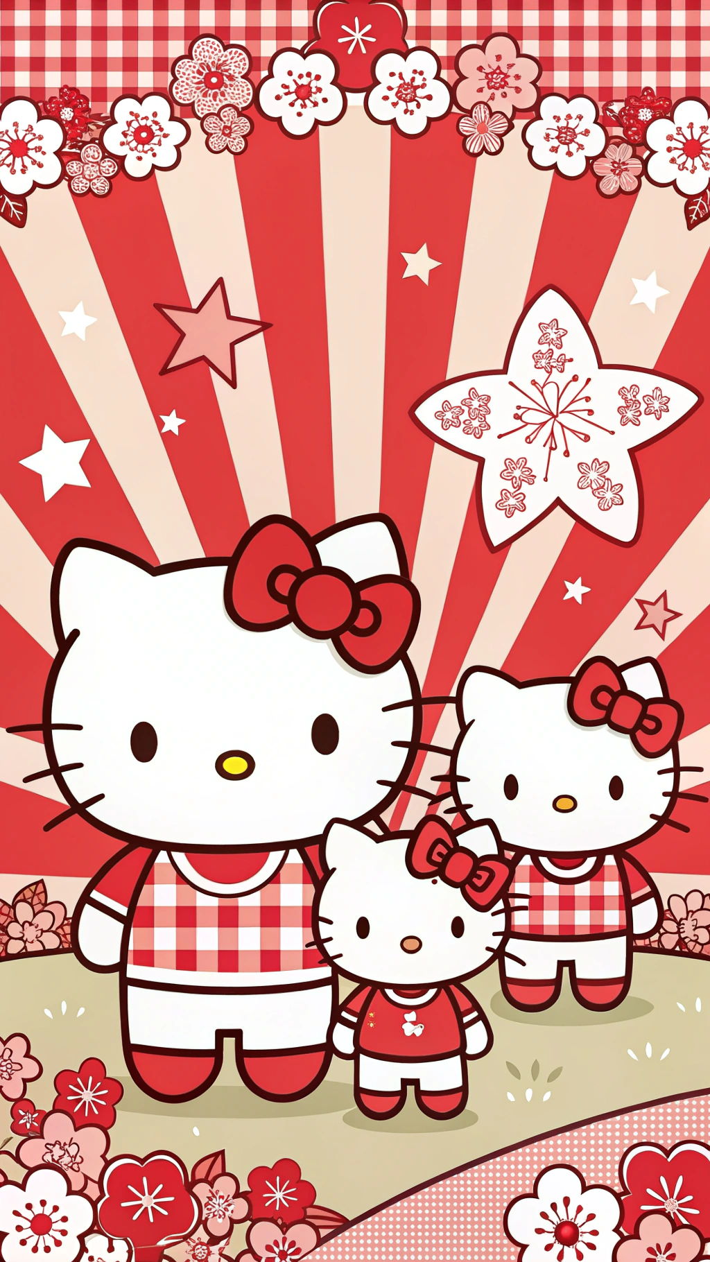 Hello Kitty 家族的爆炸式風格 壁紙 — 三個穿著紅白格仔服裝的Hello Kitty角色站在一個飾有櫻花和星星的紅色和奶油色太陽爆發背景前。