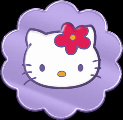 Hello Kitty 花朵圖標 壁紙 — 一個快樂的Hello Kitty臉孔，頭上戴著一朵紅花，置於一個光滑的紫色扇貝形框架內。