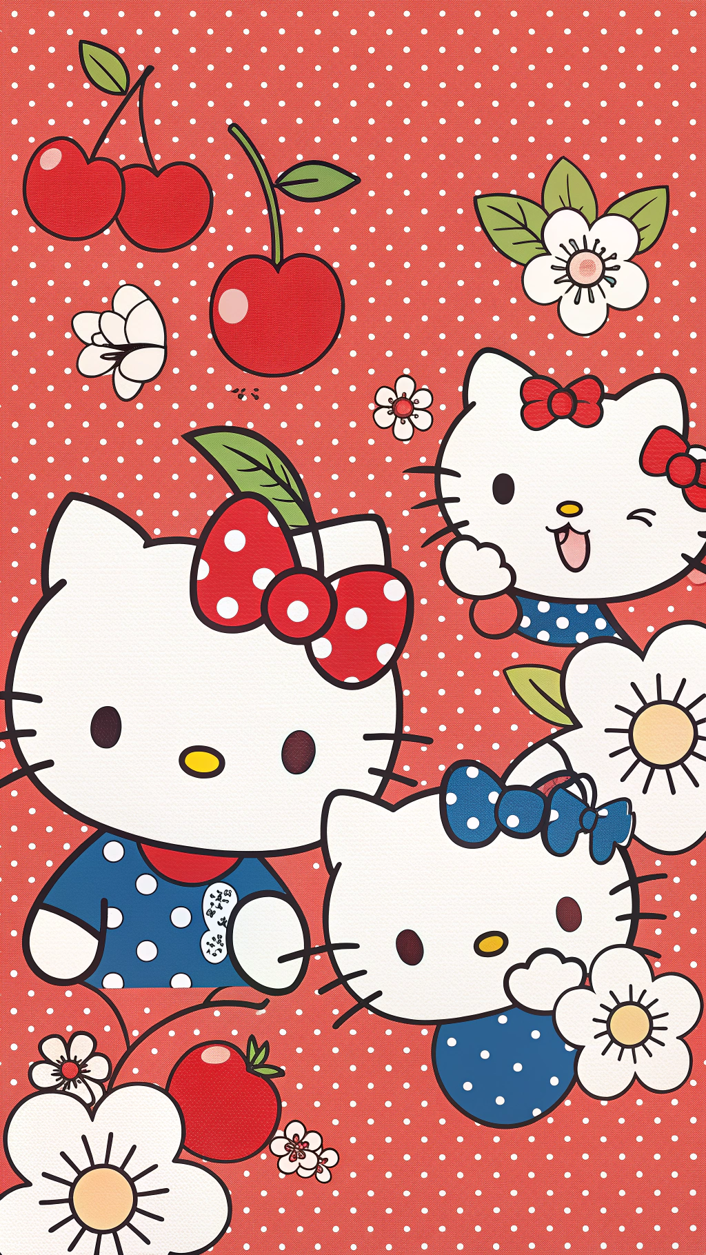 甜美 Hello Kitty 樂趣 壁紙 — 三個Hello Kitty角色穿著藍色圓點服裝，戴著紅色和藍色蝴蝶結，被櫻桃和白色花朵包圍，背景為紅色圓點。