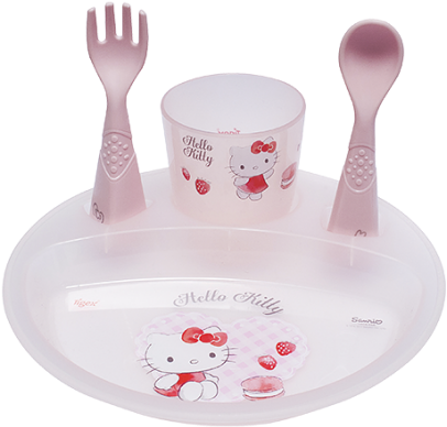 Hello Kitty 嬰兒餐具組 壁紙 — 粉紅色Hello Kitty嬰兒餵食套裝，附有碟、杯、叉和匙，配有角色插圖和草莓圖案。