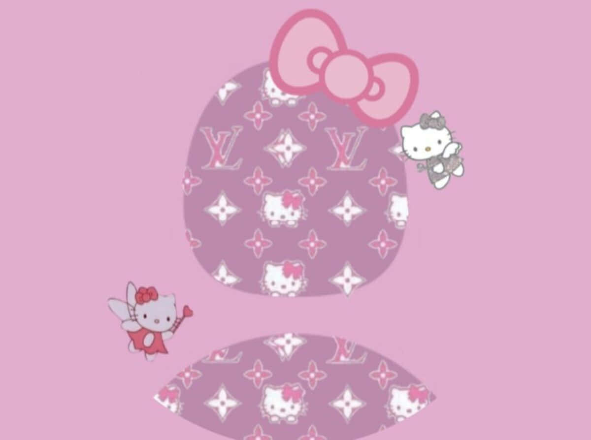 Hello Kitty LV三麗鷗頭像 壁紙 — 粉紅色背景，Hello Kitty 仙子與路易威登圖案的嘴唇和蝴蝶結。