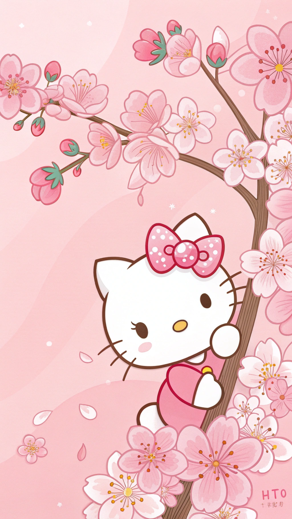 可愛 Hello Kitty 的秘密櫻花 壁紙 — Hello Kitty 從櫻花樹後探出頭來，粉紅色的花瓣在柔和的粉紅色漸變背景中飄浮。
