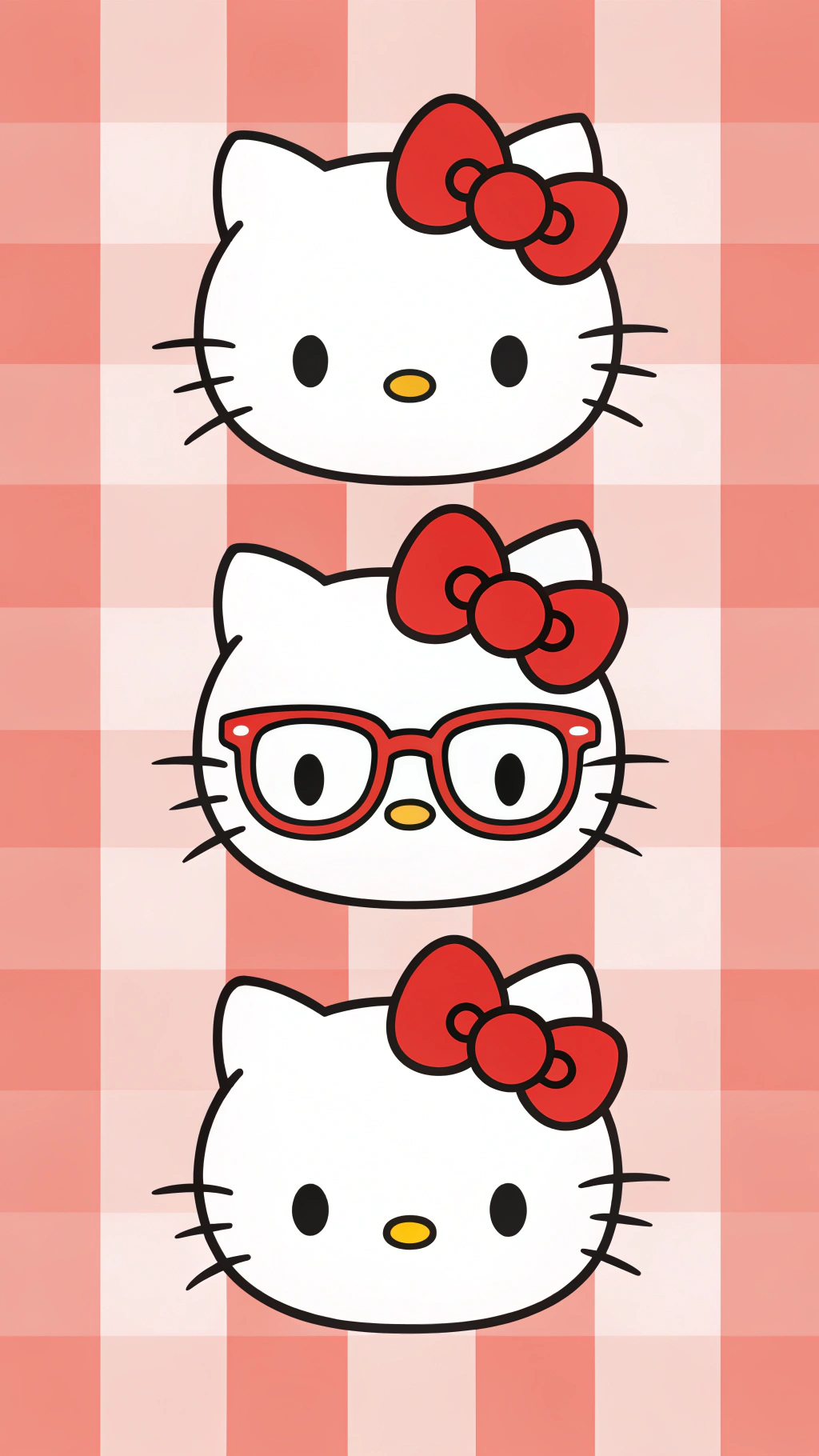 Hello Kitty 的三種面貌會令你驚訝 壁紙 — 三個疊起的Hello Kitty臉孔，戴著紅色蝴蝶結，其中一個戴著紅色眼鏡，背景為粉紅色格子圖案。