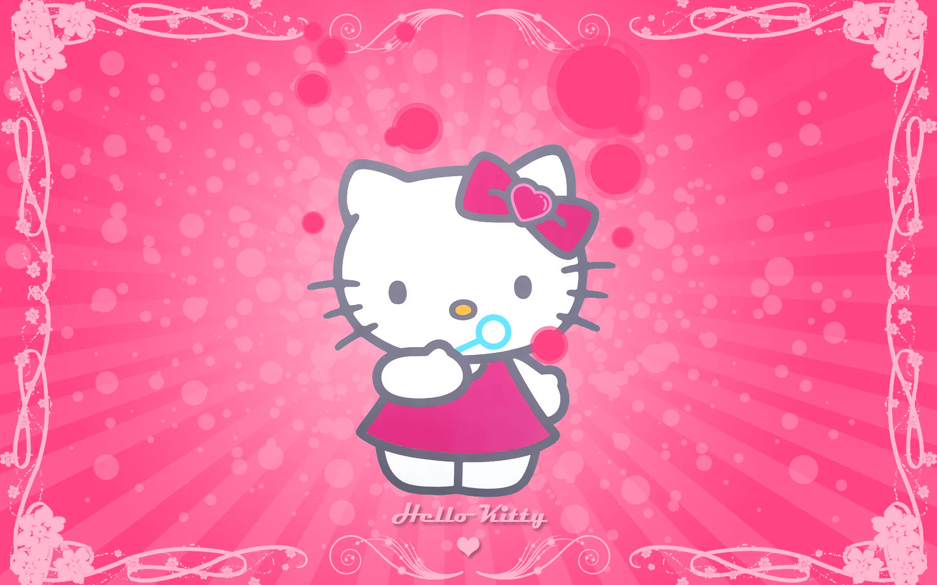 Hello Kitty吹出粉紅泡泡，背景為滿是泡泡的粉紅色場景。