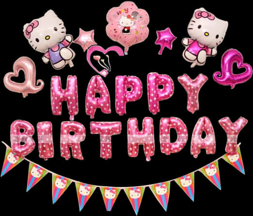 Hello Kitty 生日慶祝氣球 壁紙 — Pink glittery 'HAPPY BIRTHDAY' balloons and Hello Kitty decorations float against a black background.