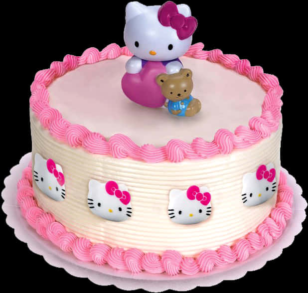 Hello Kitty生日蛋糕 壁紙 — 一個圓形蛋糕，上面有粉紅色糖霜和Hello Kitty裝飾，頂部有一個拿著泰迪熊的Hello Kitty公仔。
