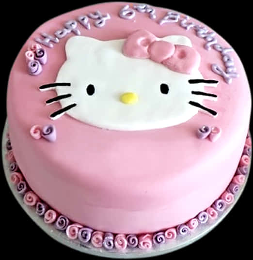 Hello Kitty 主題生日蛋糕 壁紙 — 一個粉紅色翻糖蛋糕，上面有Hello Kitty的臉和「Happy 6th Birthday」字樣，並以漩渦裝飾。