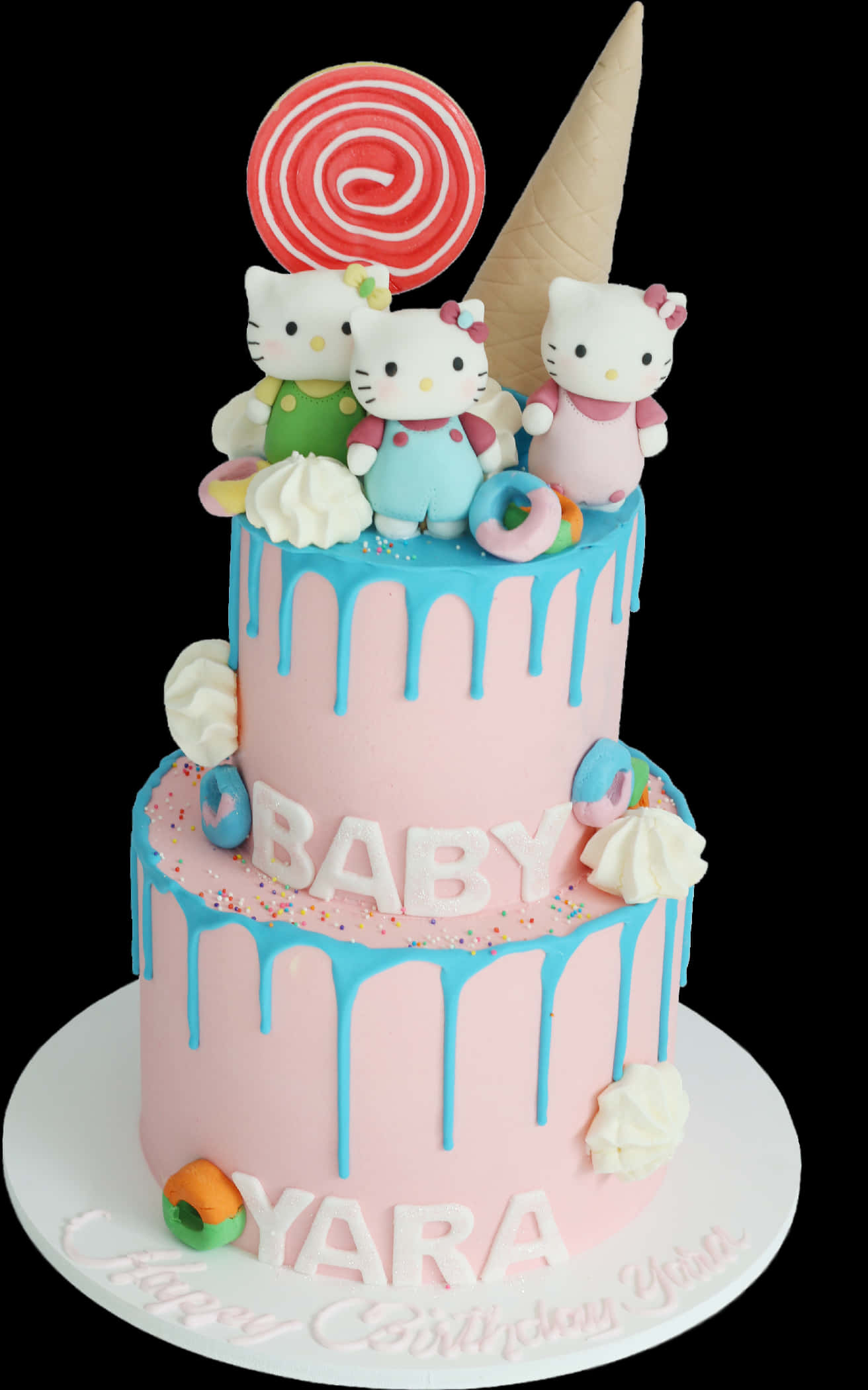 Hello Kitty 主題生日蛋糕 壁紙 — 兩層粉紅色嬰兒派對蛋糕，配藍色滴落糖霜，頂部有三個Hello Kitty公仔和糖果裝飾。