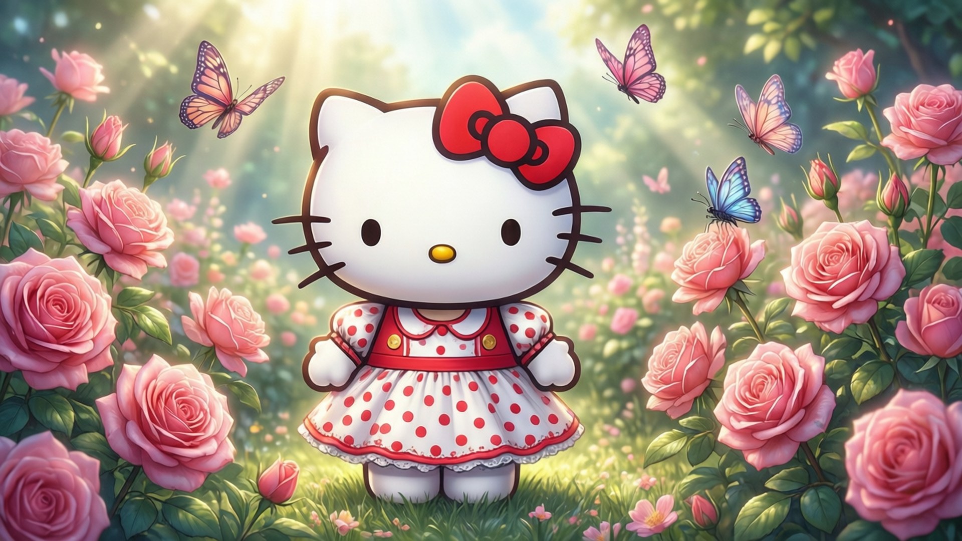 Hello Kitty 身穿紅色圓點連衣裙，站在粉紅玫瑰園中，蝴蝶在周圍飛舞。