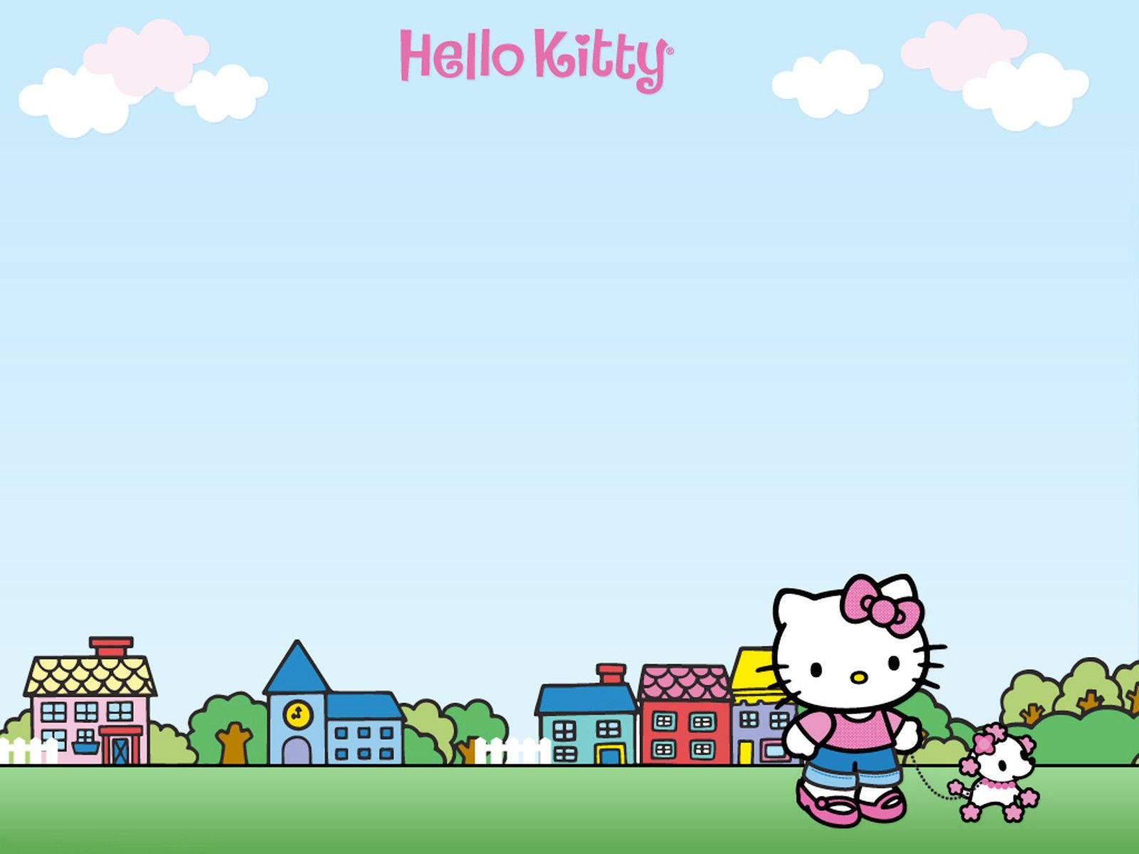 Hello Kitty在三麗鷗社區牽著可愛小狗的壁紙。