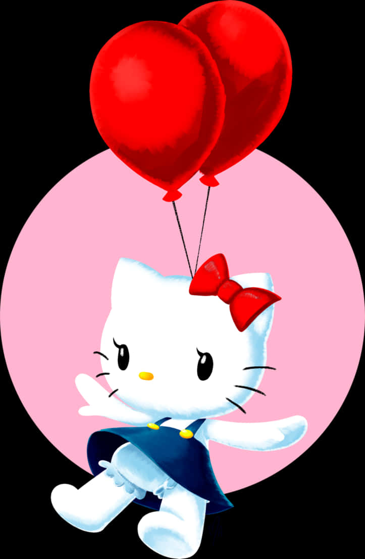 Hello Kitty與氣球 壁紙 — Hello Kitty 喺黑色背景上，喺粉紅色圓圈前面快樂咁漂浮，拎住兩個紅色氣球。
