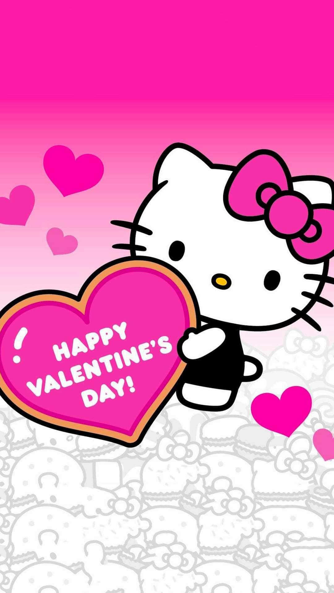 Hello Kitty 手持一個寫著「Happy Valentine's Day」的粉紅色心形。 — 粉紅色心形動圖 壁紙