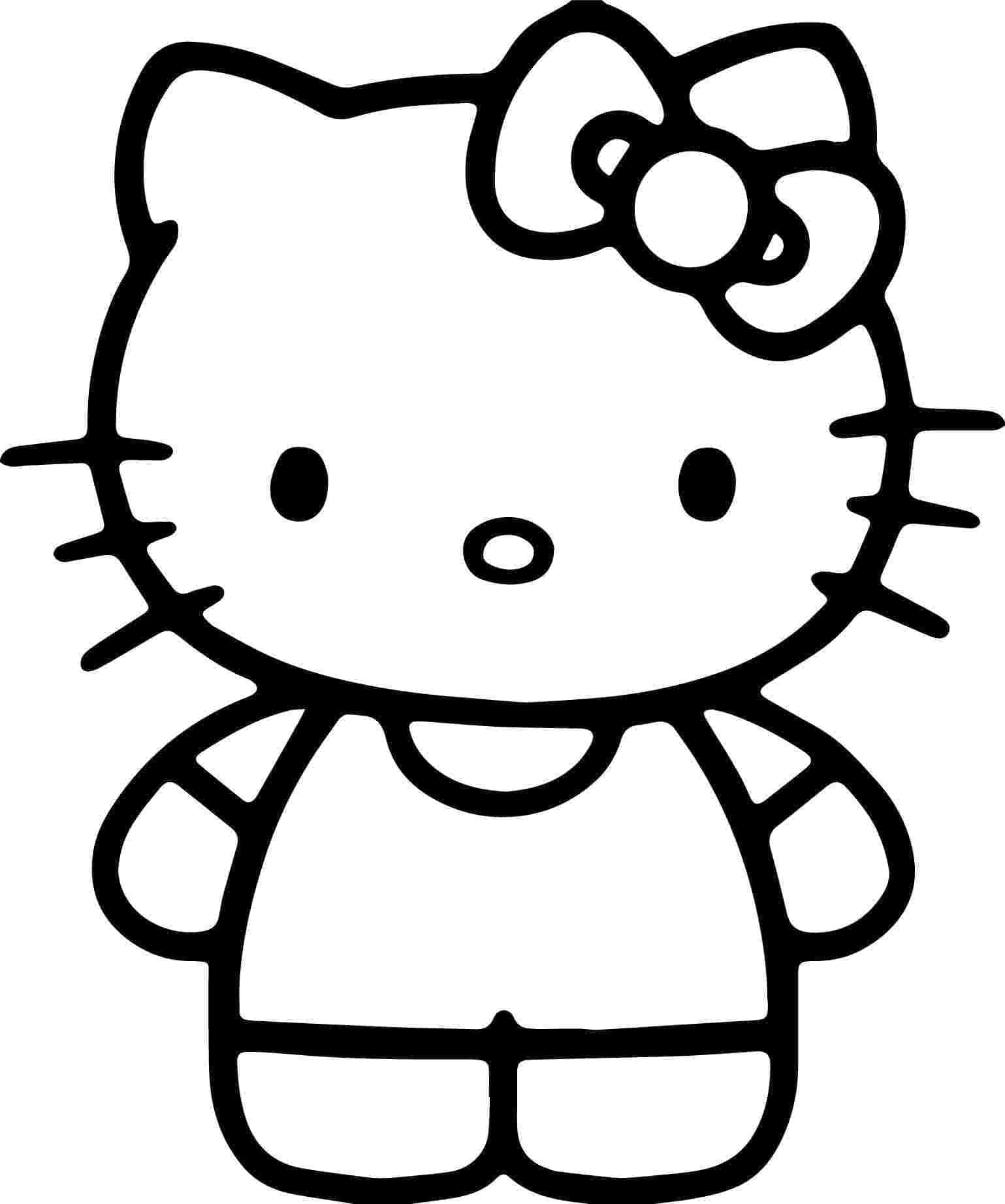 Hello Kitty塗色圖 壁紙 — 一個簡單的黑白線條畫，描繪Hello Kitty頭上戴著蝴蝶結，身穿連衣裙。