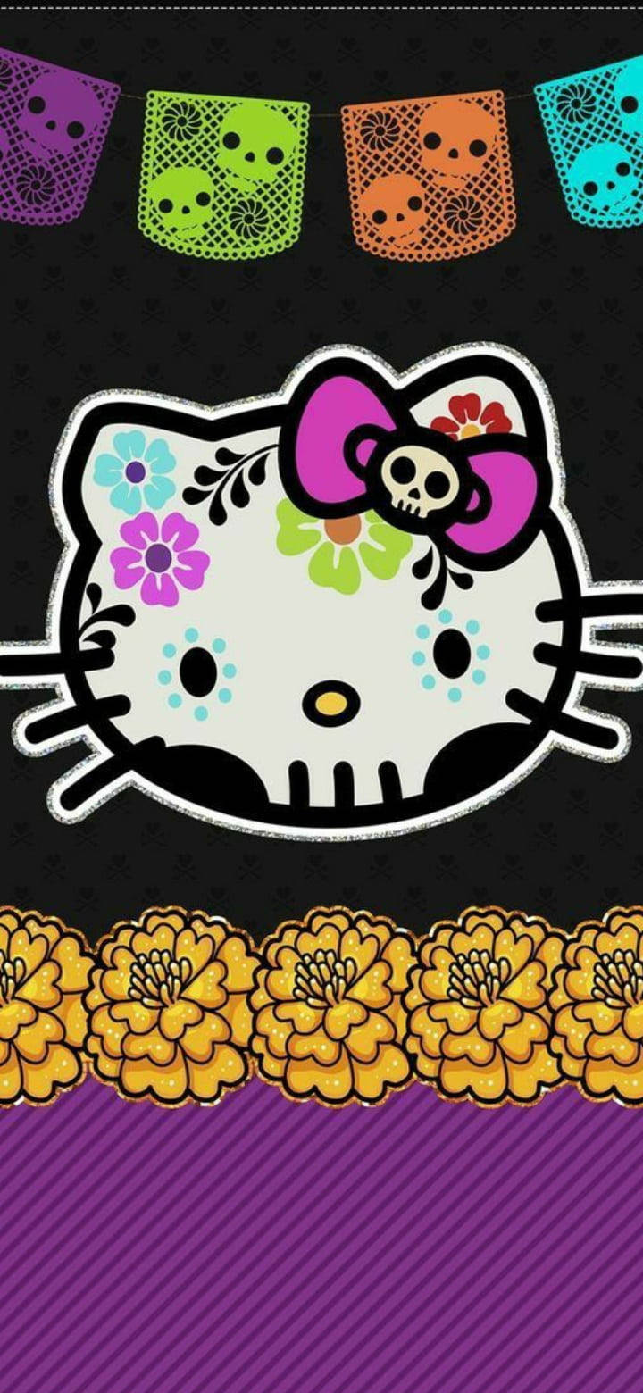 亡靈節黑色Hello Kitty 壁紙 — Hello Kitty 以糖骷髏化妝和彩色紙雕旗幟，背景為黑色並有萬壽菊。