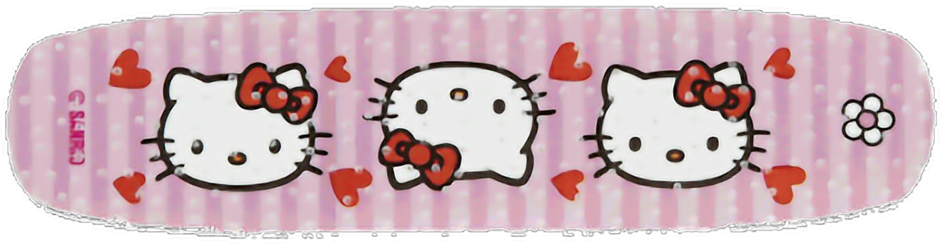 Hello Kitty 貼布式創傷敷料 壁紙 — 三個戴著紅色蝴蝶結的Hello Kitty卡通面孔在粉紅色條紋背景上微笑，背景點綴著心形和一朵花。