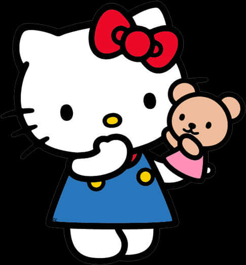 Hello Kitty與泰迪熊 壁紙 — Hello Kitty 身穿藍色連衣裙，戴著紅色蝴蝶結，在黑色背景前抱著一隻泰迪熊。