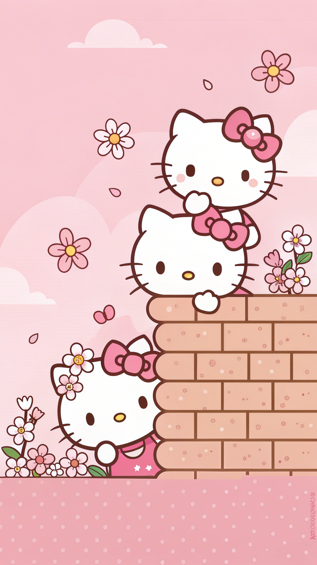 Hello Kitty們的牆角藏身處揭曉 壁紙 — 三個Hello Kitty角色在粉紅色櫻花和雲朵環繞的磚牆上窺視，背景為粉彩粉紅色。