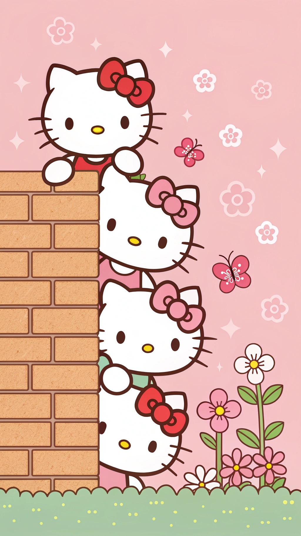 牆後的 Hello Kitty 驚喜揭曉 壁紙 — 三個Hello Kitty角色喺粉紅色背景嘅磚牆上面探頭，周圍有花同蝴蝶。