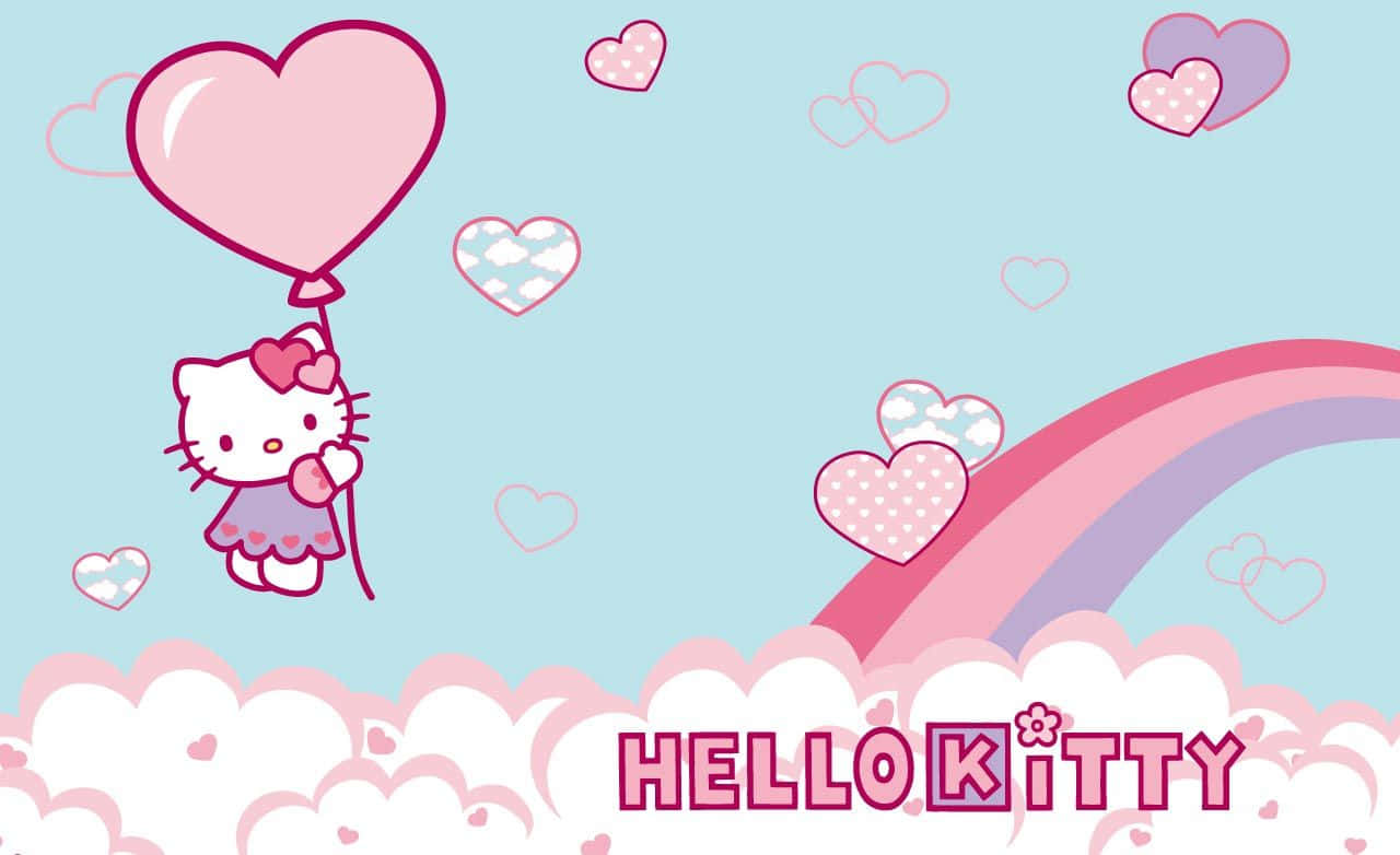 可愛Hello Kitty主機壁紙 壁紙 — Hello Kitty 漂浮在粉紅色氣球上，位於蓬鬆的雲朵之上，伴隨著彩虹和散落的心形圖案，背景是柔和的藍天。