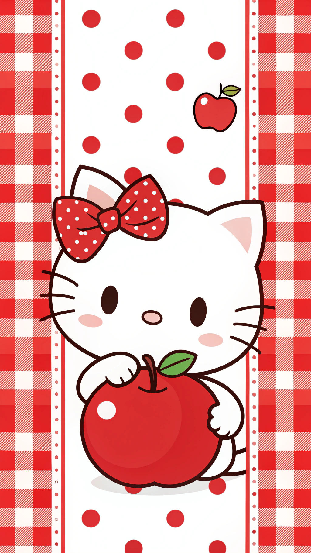 Hello Kitty 的蘋果秘密揭曉 壁紙 — 一隻可愛的白色卡通貓咪，繫著紅色圓點蝴蝶結，在紅白格仔和圓點背景前拿著一個閃亮的紅蘋果。