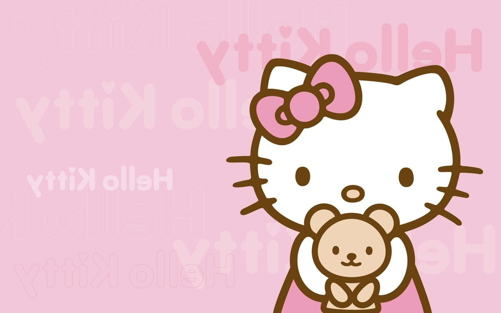 Hello Kitty 倒寫名字背景 壁紙 — Hello Kitty 在粉紅色背景上抱著一隻泰迪熊，背景有重複的淡色 Hello Kitty 文字。