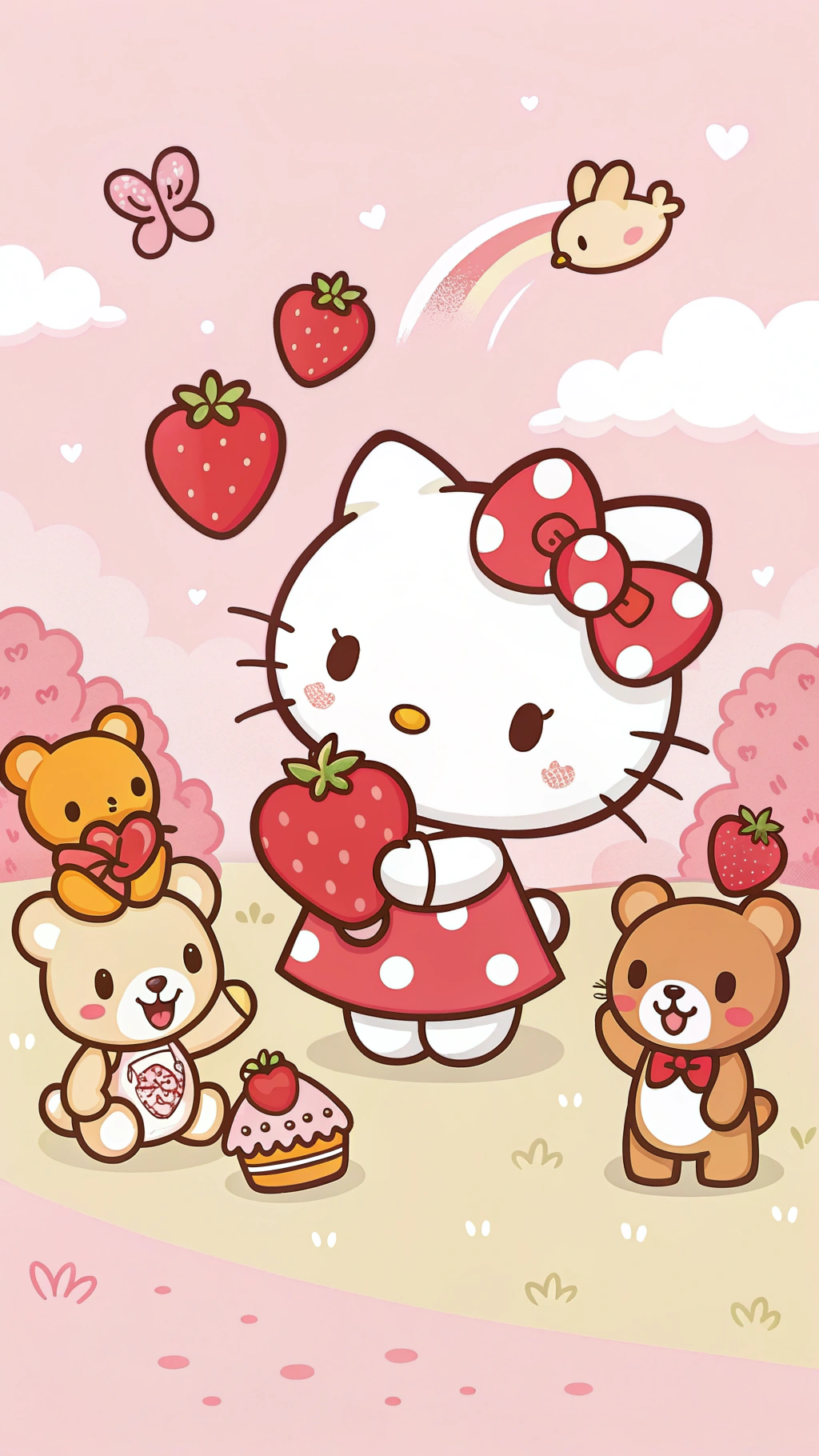 Hello Kitty 的草莓派對會融化你的心 壁紙 — Hello Kitty 穿著紅色圓點連衣裙，在粉紅色天空下，被泰迪熊、蝴蝶和漂浮的草莓包圍，手持草莓。