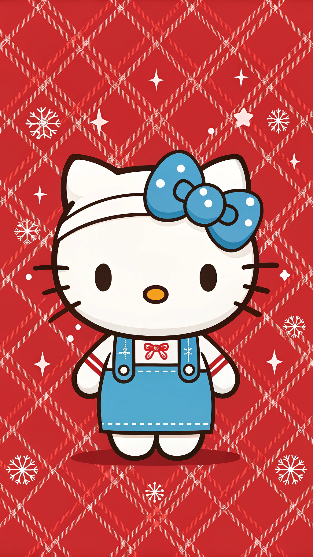 Hello Kitty 的冬季造型將融化你的心 壁紙 — Hello Kitty 身穿藍色工裝褲和蝴蝶結，站在紅色格子背景前，背景有雪花和星星。