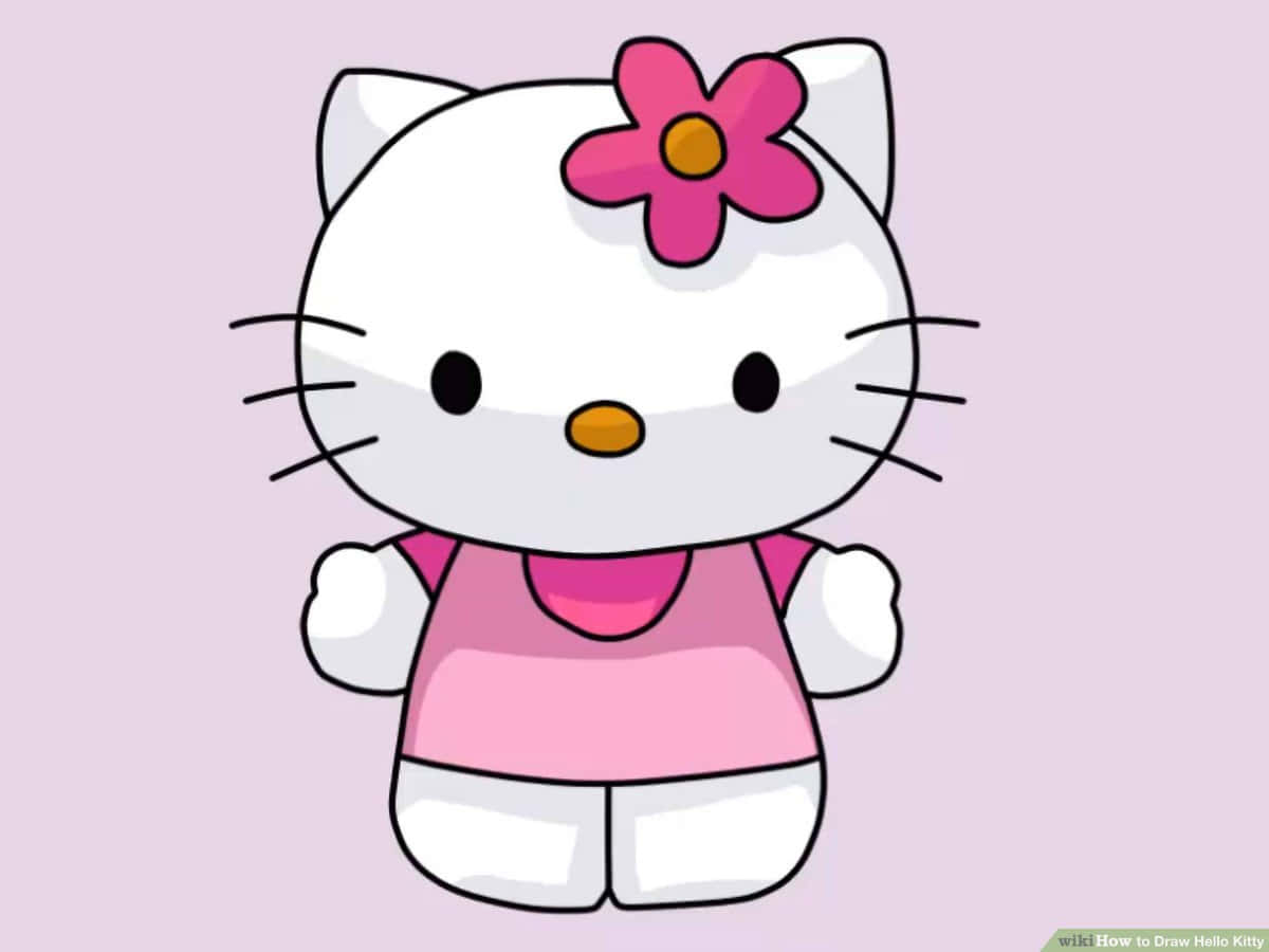 Hello Kitty — 可愛的化身 壁紙 — 一隻快樂的卡通貓，頭上戴著粉紅色的花，身穿粉紅色的上衣，站在柔和的薰衣草背景前。