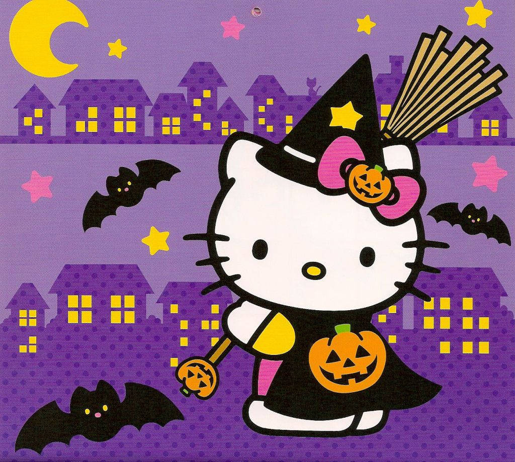 Hello Kitty 穿著女巫服裝，騎著掃帚在夜間飛過恐怖小鎮