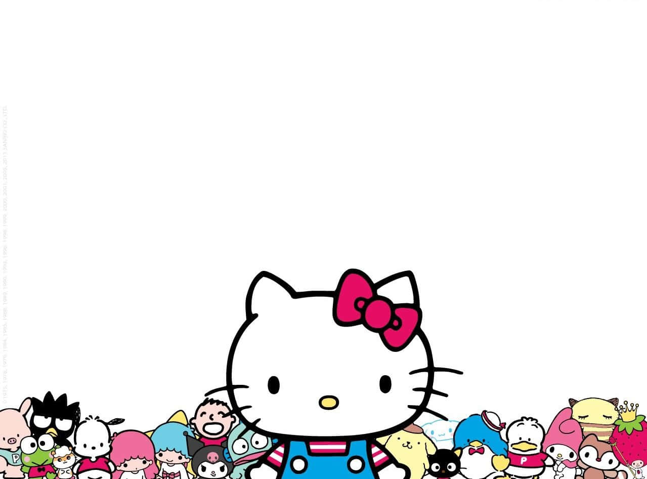 Hello Kitty And Friends 桌布 壁紙 — Hello Kitty 同佢嘅朋友喺白色背景嘅明亮卡通插圖中開心咁笑。