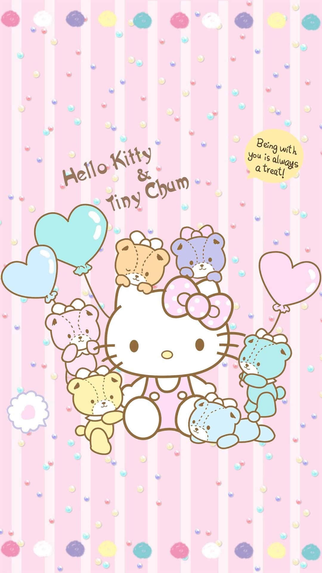 Hello Kitty And Friends 桌布 壁紙 — Hello Kitty 同佢嘅朋友喺粉紅色條紋背景上，拎住心形氣球，周圍仲有彩色紙屑。