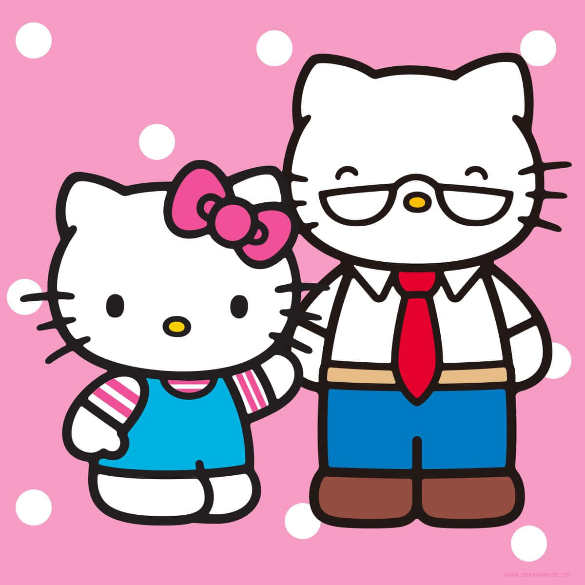 George White 桌布 壁紙 — Hello Kitty 同佢男朋友喺粉紅色圓點背景下手拖手，表情開心。