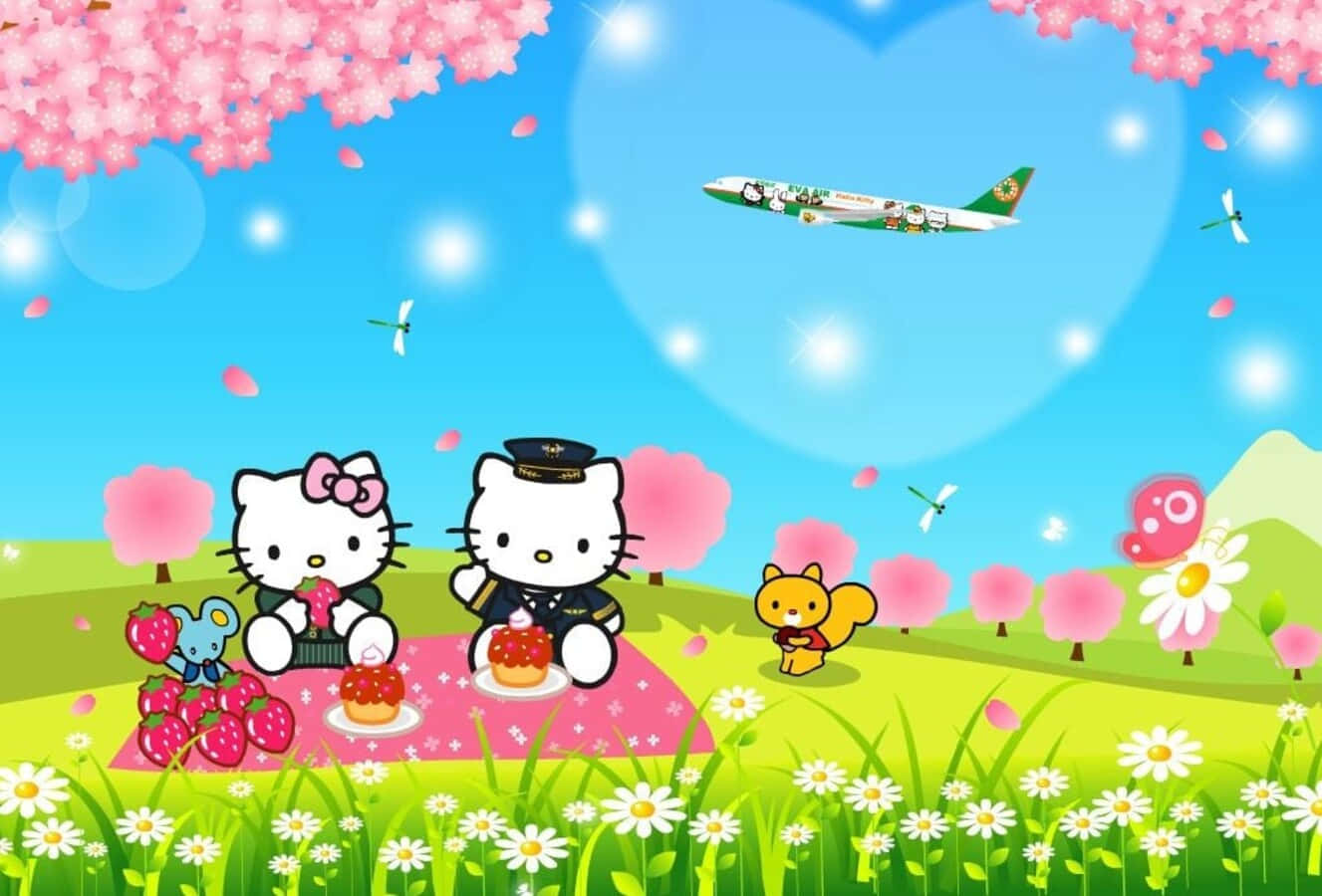 Hello Kitty And Friends 桌布 壁紙 — Hello Kitty 同朋友喺櫻花下野餐，一架 Hello Kitty 飛機喺上空飛過。
