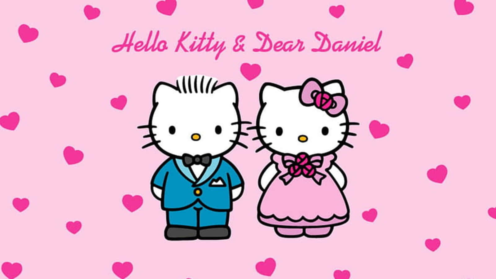 Dear Daniel 桌布 壁紙 — Hello Kitty 和 Dear Daniel 穿著婚紗站在充滿心形的粉紅色背景前。